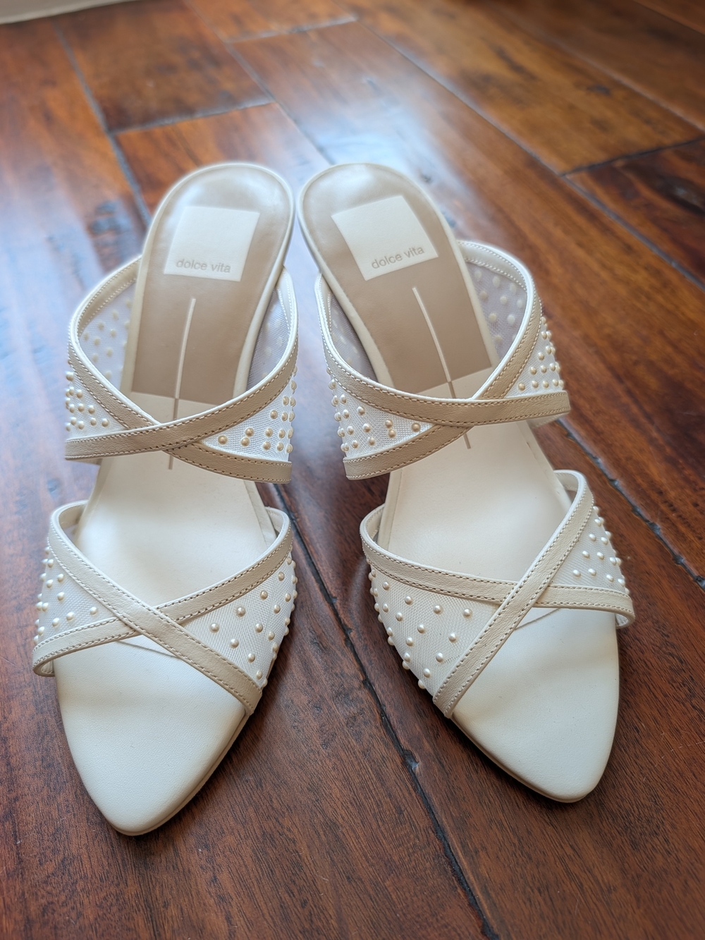 Dolce Vita Cream Pearl-Studded Cross-Strap Mules